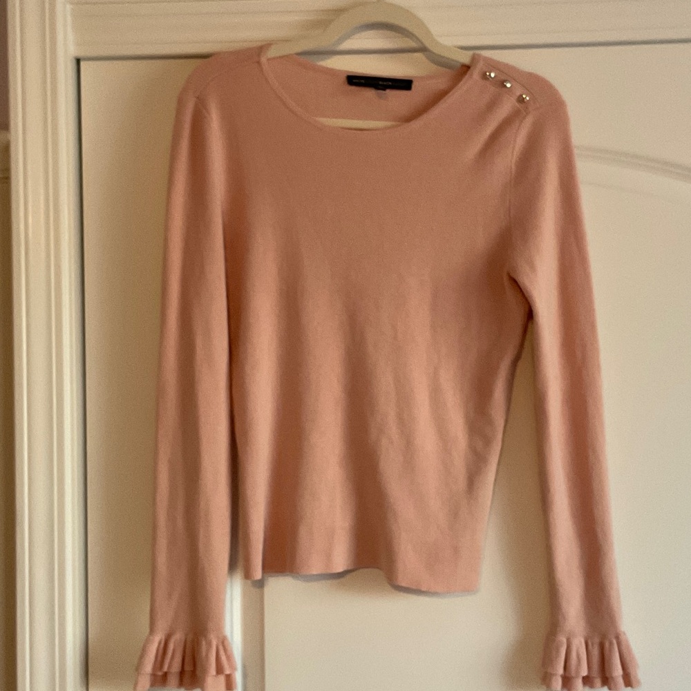 Light Pink Long-Sleeve Ruffle Cuff Sweater with Shoulder Buttons